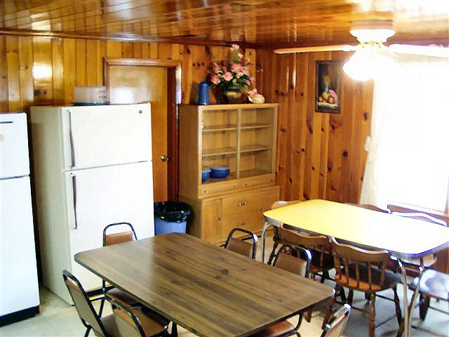 2 Bedroom Cabin: Full kitchen-refrigerator, stove, coffee maker, microwave, dishwasher, dishes, pot and pans.