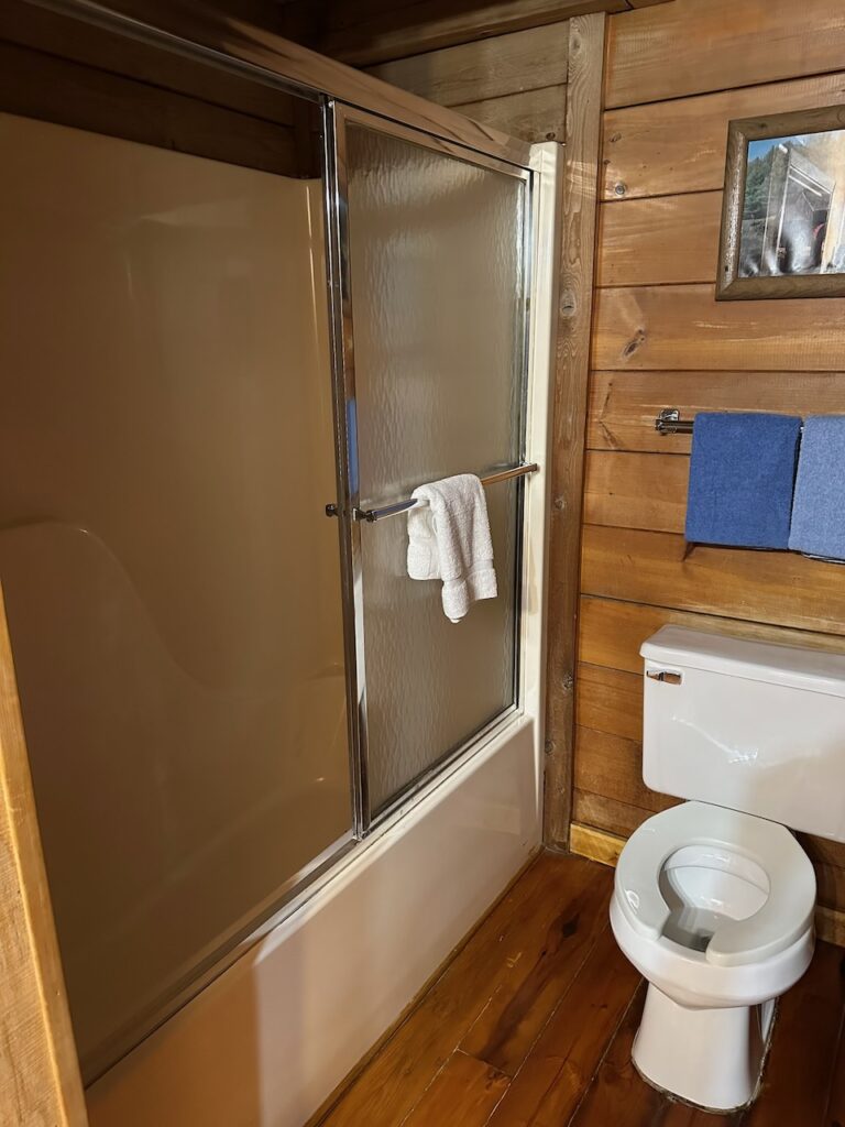 Poolside cabin bathroom showing tub/shower combo and toilet