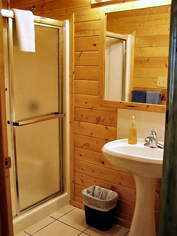 2 Bedroom Cabin: Bath has toilet, sink and tub/shower combination, half bath with sink and shower.