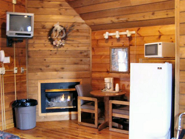 Big Cabin: Small refrigerator, coffee maker, microwave, NO STOVE. Gas fireplace.