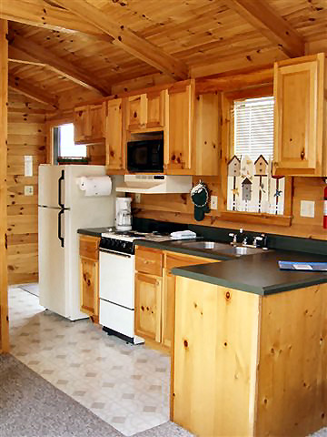 Rendenzvous Cabin: Full kitchen-refrigerator, microwave, dishwasher, dishes, pots and pans. Small dining area.