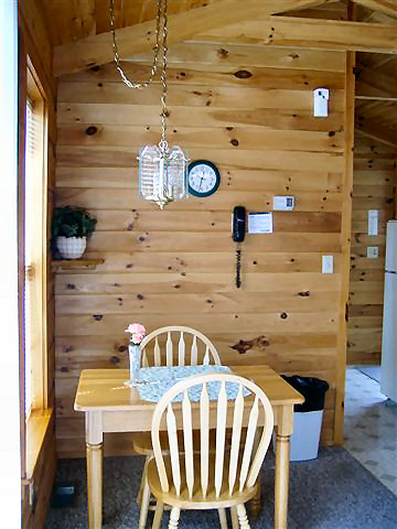 Rendenzvous Cabin: Small dining area, living room with TV and gas fireplace.