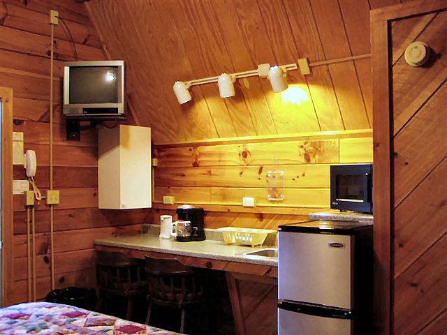 River Cabin: Efficiency kitchen-small refrigerator, coffee maker, microwave, dishes, NO STOVE.