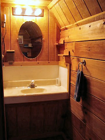 River Cabin: Bath has toilet, sink and tub/shower combination.