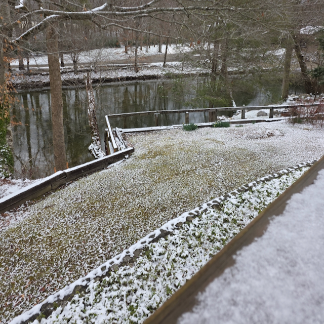 view of the picnic area at Dock's Motel in winter