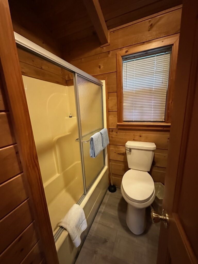 Rendevous Cabin 2 bathroom showing tub/shower combo and toilet