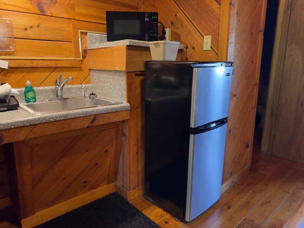 efficiency kitchen in riverside cabins showing full fridge, counter top with microwave and not stove