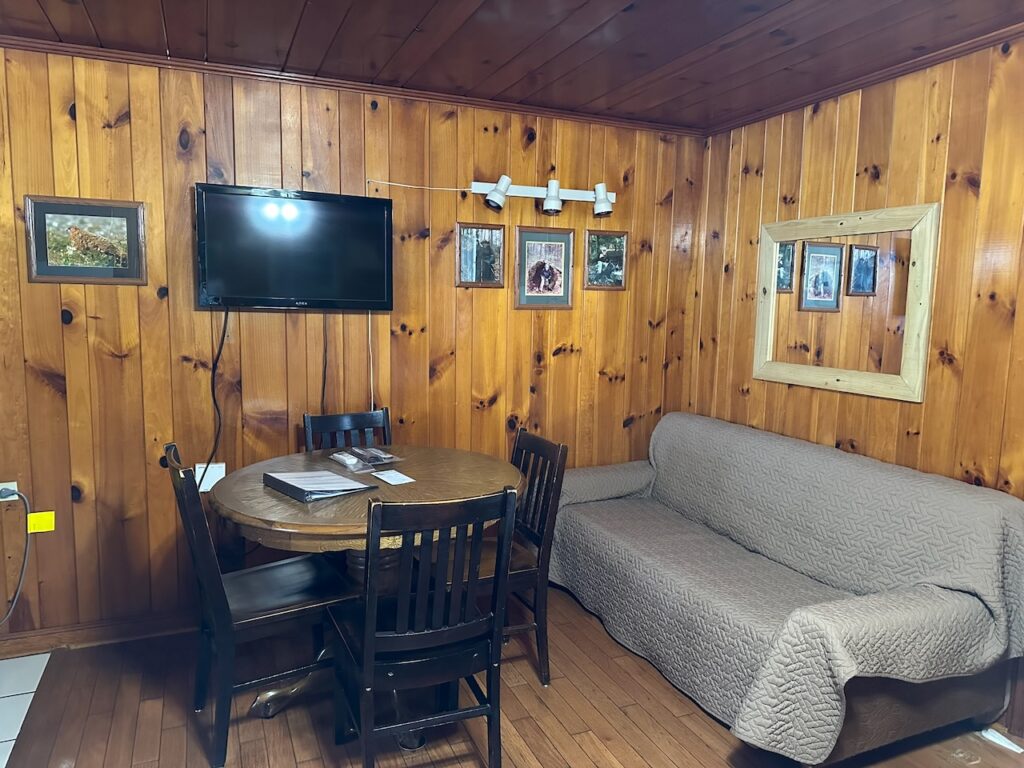 Dining area and couch in Room 6 at docks motel in Townsend Tn
