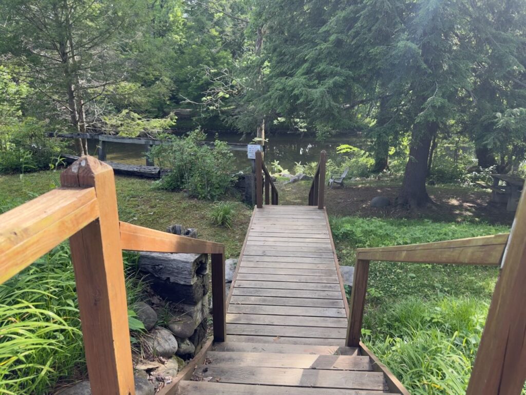 the stairs leading down to the guest's private picnic area on the Little River